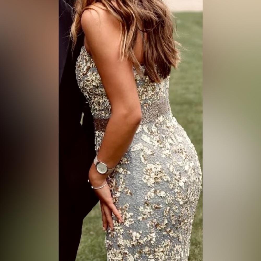 Mac Duggal Gold and Silver Sequin Dress with Slit
